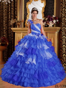 Blue and White One Shoulder Floor-length Ruffles and Beading Quinceanera Dress