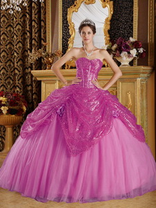 Purple Ball Gown Sweetheart Floor-length Sequined and Tulle Handle Flowers Quinceanera Dress