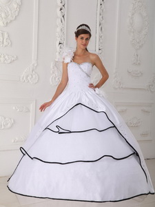 White Ball Gown One Shoulder Neck Floor-length Taffeta and Organza Beading Quinceanera Dress