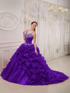 Dark Purple Ball Gown Spaghetti Straps Court Train Organza Beading Quinceanera Dress
