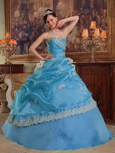 Aqua Blue Ball Gown Sweetheart Floor-length Appliques Organza Quinceanera Dress