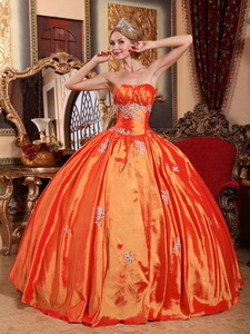 Orange Red Ball Gown Strapless Floor-length Taffeta Appliques Quinceanera Dress