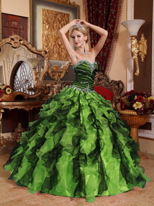 Olive Green and Black Sweetheart Floor-length Beading and Ruffles Quinceanera Dress