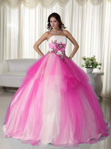 Hot Pink Ball Gown Strapless Floor-length Tulle Beading Quinceanera Dress