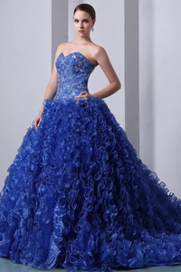 Blue Princess Sweetheart Brush Train Organza Beading And Ruffles Quinceanea Dress