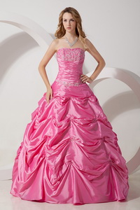 Rose Pink Strapless Floor-length Taffeta Appliques Prom Evening Dress