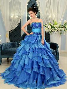 Blue Appliques Organza Strapless New Designer Quinceanera Dress