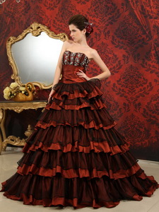 Rust Red And Black Court Train Sweetheart Taffeta And Tulle Ruffles Wedding Dress