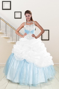White And Blue Ball Gown Quinceanera Dress With Halter