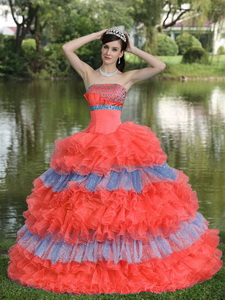 Beaded Decorate Bust Sequins Organza Multi-color Strapless Tiered Sweet Quinceanera Dress