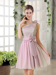 Discount A Line One Shoulder Pink Quinceanera Court Dress With Bowknot