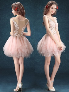 See Through Scoop Baby Pink Quinceanera Court Dress With Appliques And Ruffles