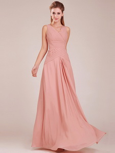 Modest Ruched Decorated Bodice Peach Quinceanera Court Dress With V Neck