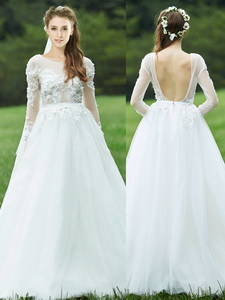 Pretty Applique White Backless Quinceanera Court Dress With Long Sleeves