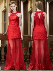 Cheap Belted Red Long Quinceanera Court Dress In Tulle And Lace