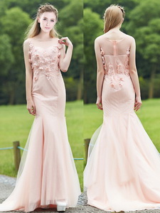 Luxurious See Through Light Pink Mermaid Quinceanera Court Dress With Brush Train