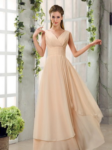 Ruching V Neck Chiffon Quinceanera Court Dress In Champagne