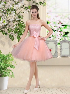 Popular Strapless Mini Length Quinceanera Court Dress With Appliques And Bowknot