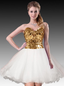 Sweet Short White Dama Dress with Gold Sequins