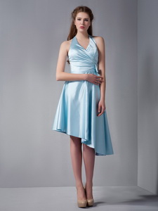 Sky Blue Halter Asymmetrical Elastic Woven Satin Ruch Dama Dress