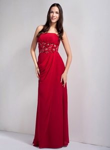 Exquisite Wine Red Empire Strapless Appliques With Beading Dama Dress Floor-legnth Chiffon