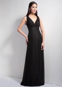 Black Column V-neck Floor-length Elastic Wove Satin And Chiffon Dama Dress