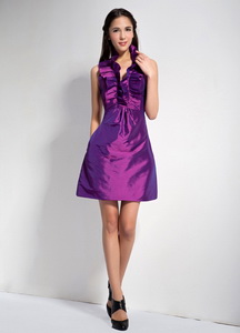 Purple Halter Mini-length Taffeta Dama Dress
