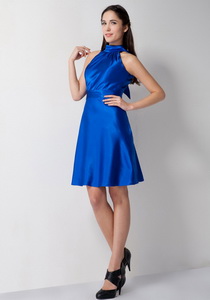 Customize Royal Blue High-neck Quinceanera Court Dress Knee-length Taffeta