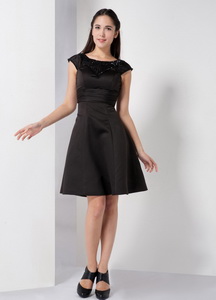 Customize Black Scoop Little Black Dress Knee-length Satin Beading
