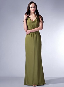Cheap Olive Green Cloumn V-neck Dama Dress Chiffon Ruch Floor-length
