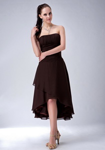 Simple Brown Princess High-low Quinceanera Court Dress Strapless Chiffon Ruch
