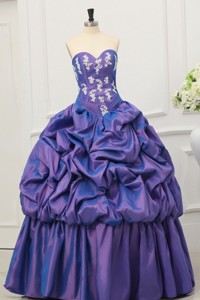 Purple Sweetheart Appliques and Pick-ups Taffeta Quinceanera Dress