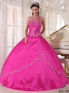 Hot Pink Ball Gown Halter Floor-length Taffeta Appliques Quinceanera Dress