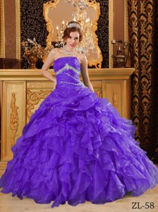 Purple Ball Gown Floor-length Organza Beading And Ruffles Quinceanera Dress
