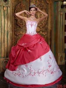 Red and White Ball Gown Strapless Floor-length Embroidery Quinceanera Dress