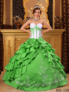 Spring Green and White Sweetheart Ruffles and Embroidery Quinceanera Dress