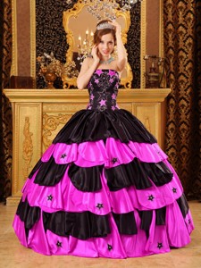 Black And Hot Pink Ball Gown Strapless Floor-length Taffeta Beading Quinceanera Dress