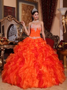 Orange Ball Gown Sweetheart Floor-length Organza Appliques and Beading Quinceanera Dress