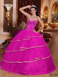 Hot Pink Ball Gown Sweetheart Floor-length Satin and Tulle Beading Quinceanera Dress
