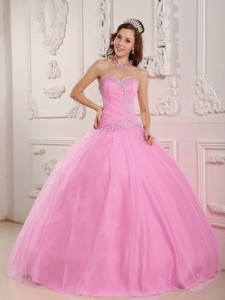 Lovely Ball Gown Sweetheart Floor-length Tulle Appliques Pink Quinceanera Dress