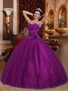 Eggplant Purple Ball Gown Sweetheart Floor-length Tulle Beading Quinceanera Dress