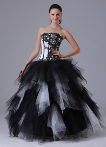 Black And White Romantic Ball Gown Ruffles Quinceanera Dress With Embroidery Floor-length