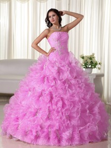 Pink Ball Gown Strapless Floor-length Organza Appliques Quinceanera Dress