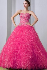 Hot Pink Princess Sweetheart Brush Train Organza Beading And Ruffles Quinceanea Dress
