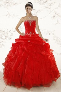 Red Ball Gown Strapless Sweet 15 Dress With Beading And Ruffles