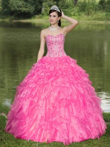 Hot Pink Quinceanera Dress Clearance With Sweetheart Beaded Ruffles Layered Decorate Organza