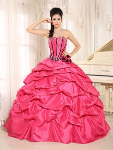 Red Beaded Quinceanera Dress With Pick-ups