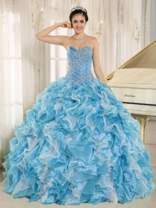 Teal Beaded Bodice And Ruffles Custom Made Quinceanera Dress