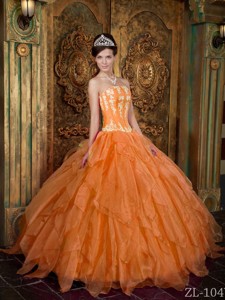 Gorgeous Ball Gown Strapless Floor-length Appliques Organza Orange Quinceanera Dress