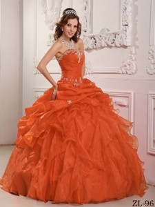 Orange Red Ball Gown Strapless Floor-length Organza Beading And Ruffles Quinceanera Dress